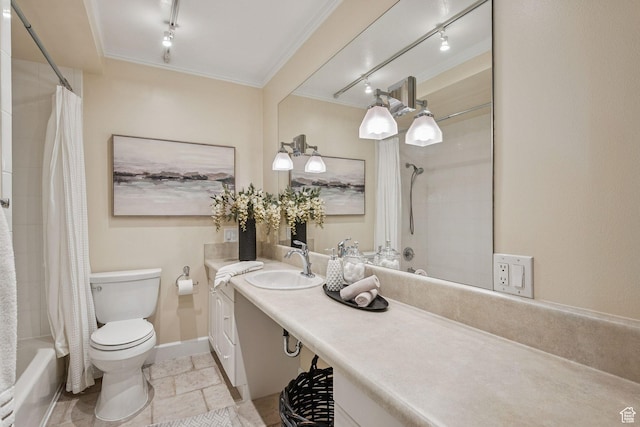 900 S Donner Way E Unit 405, Salt Lake City, UT 84108 - full bath with vanity, shower / tub combo with curtain, rail lighting, and crown molding