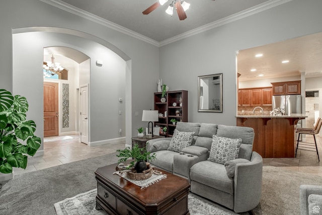 1430 W 365 N, Hurricane, UT 84737 - living area featuring arched walkways, ceiling fan, crown molding, a chandelier, and recessed lighting