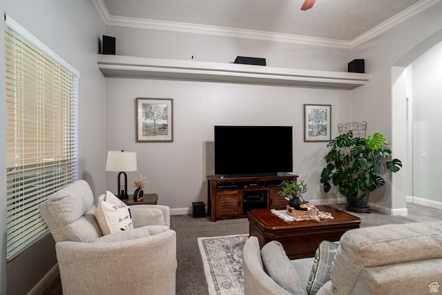 1430 W 365 N, Hurricane, UT 84737 - living room featuring carpet flooring, ornamental molding, arched walkways, and ceiling fan
