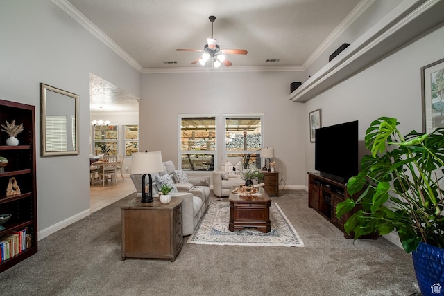 1430 W 365 N, Hurricane, UT 84737 - living room featuring carpet flooring, ceiling fan, crown molding, and a chandelier
