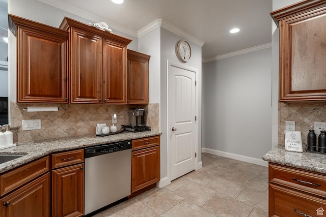1430 W 365 N, Hurricane, UT 84737 - kitchen with dishwasher, ornamental molding, decorative backsplash, light stone countertops, and brown cabinets