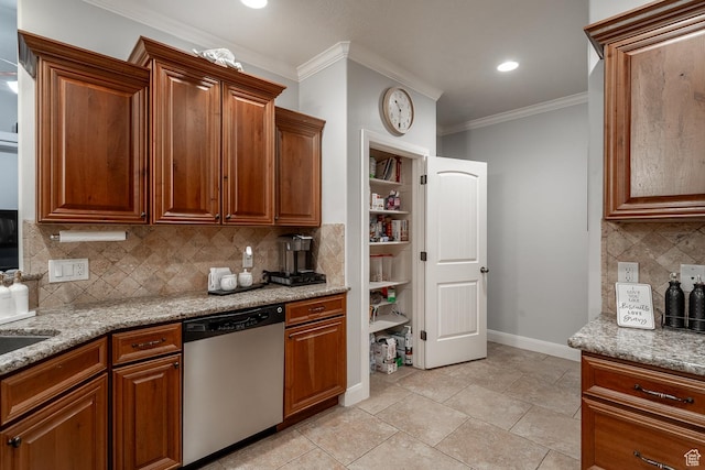 1430 W 365 N, Hurricane, UT 84737 - kitchen with stainless steel dishwasher, ornamental molding, light stone counters, tasteful backsplash, and brown cabinets