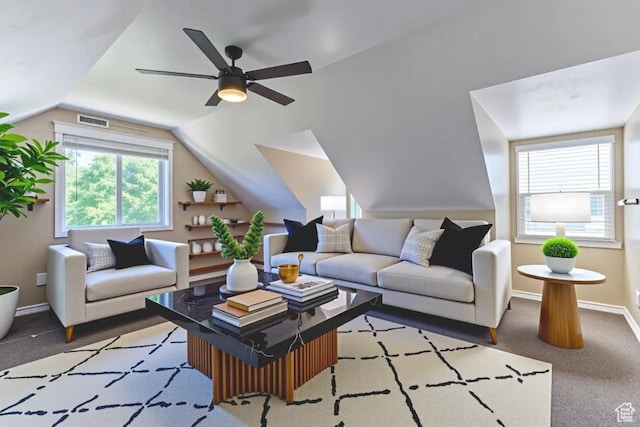 1033 S Southgate Ct W, Logan, UT 84321 - living room featuring healthy amount of natural light, lofted ceiling, and ceiling fan