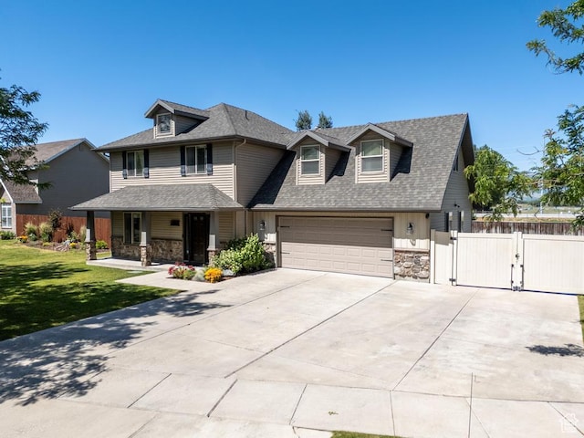 1033 S Southgate Ct W, Logan, UT 84321 - view of front of home with stone siding, a gate, covered porch, driveway, and roof with shingles