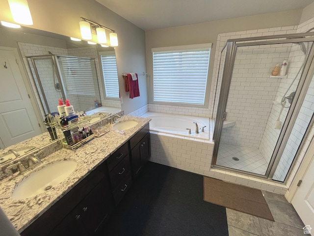 2433 N 1445 W, Clinton, UT 84015 - bathroom featuring a bath, a stall shower, and double vanity