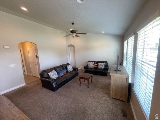 2433 N 1445 W, Clinton, UT 84015 - living area featuring arched walkways, ceiling fan, carpet floors, and recessed lighting