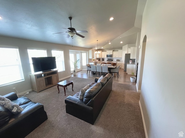 2433 N 1445 W, Clinton, UT 84015 - living area with a ceiling fan, carpet, recessed lighting, arched walkways, and vaulted ceiling