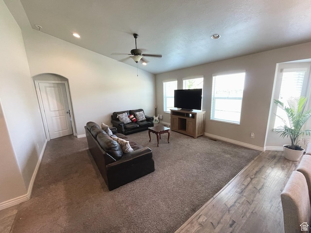 2433 N 1445 W, Clinton, UT 84015 - living room featuring ceiling fan, wood finished floors, lofted ceiling, and recessed lighting