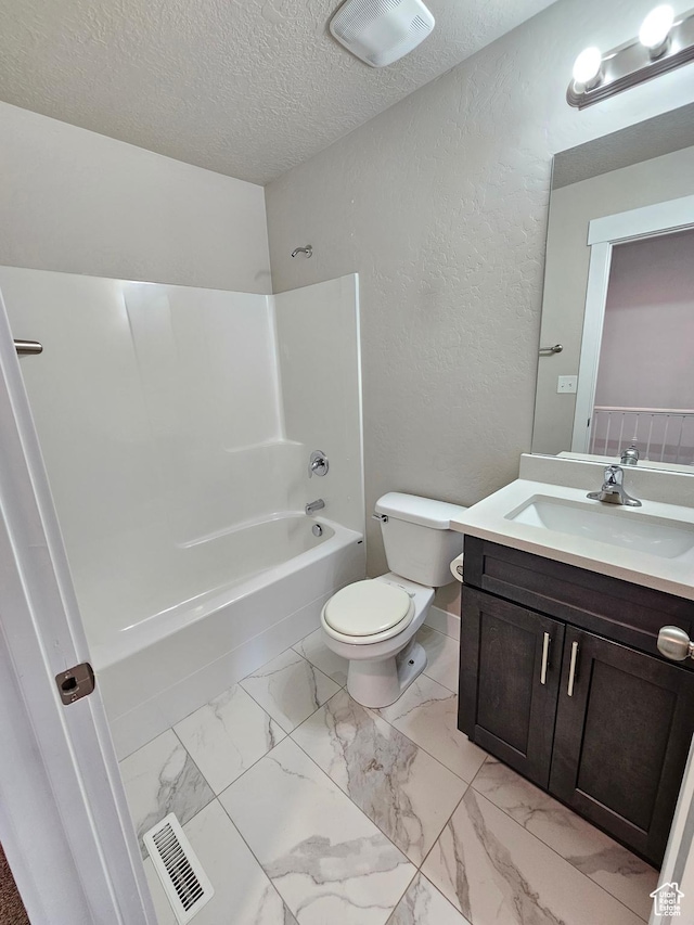 3538 N Willy Way Unit 167, Eagle Mountain, UT 84005 - bathroom with a textured wall, shower / tub combination, vanity, a textured ceiling, and marble finish flooring