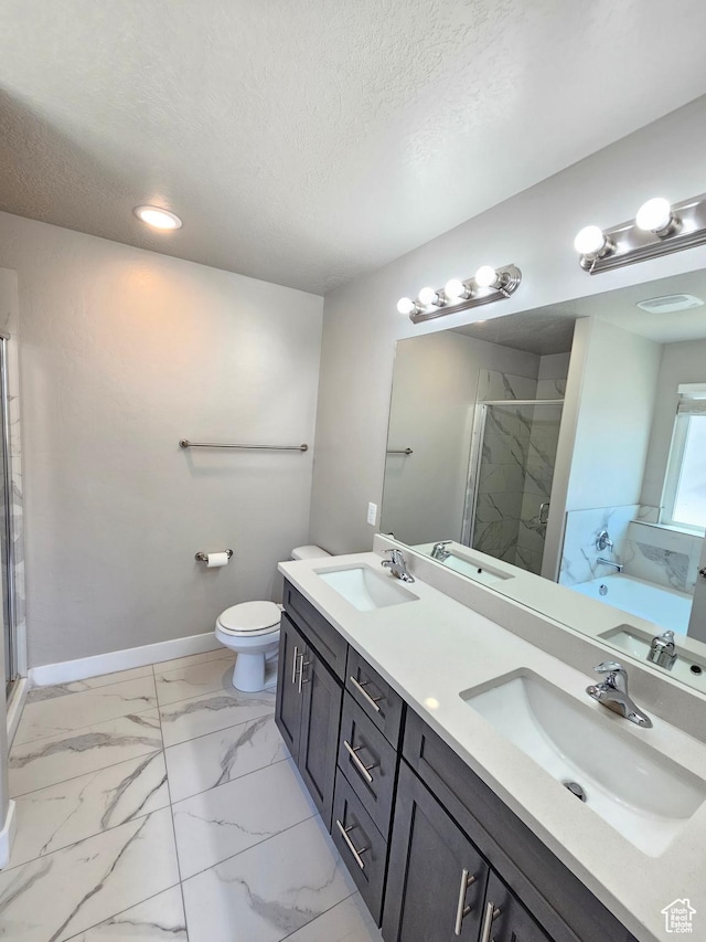 3538 N Willy Way Unit 167, Eagle Mountain, UT 84005 - bathroom with a stall shower, double vanity, marble look tile flooring, a garden tub, and a textured ceiling