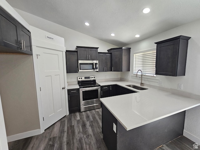 3538 N Willy Way Unit 167, Eagle Mountain, UT 84005 - kitchen featuring stainless steel appliances, a textured ceiling, lofted ceiling, a peninsula, and dark wood-style flooring