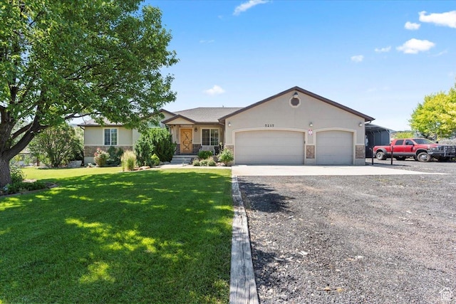 7217 W Mccuiston Ave S, Herriman, UT 84096 - single story home with gravel driveway, an attached garage, a front lawn, stone siding, and a carport