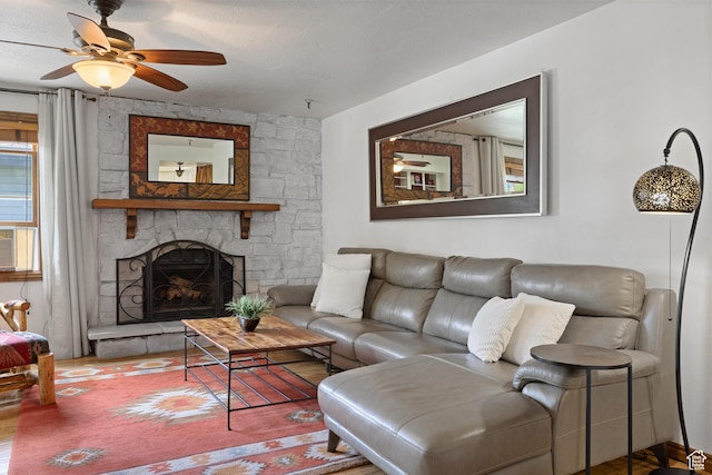 1035 Park Ave Unit 7-G, Park City, UT 84060 - living room featuring ceiling fan and a fireplace