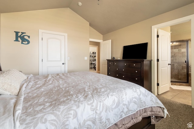 3535 W Overlook Dr, Layton, UT 84041 - tiled bedroom with vaulted ceiling, ensuite bath, and carpet flooring