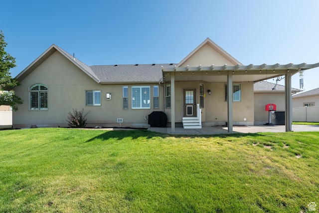 3535 W Overlook Dr, Layton, UT 84041 - back of property featuring entry steps, stucco siding, a patio area, and a shingled roof