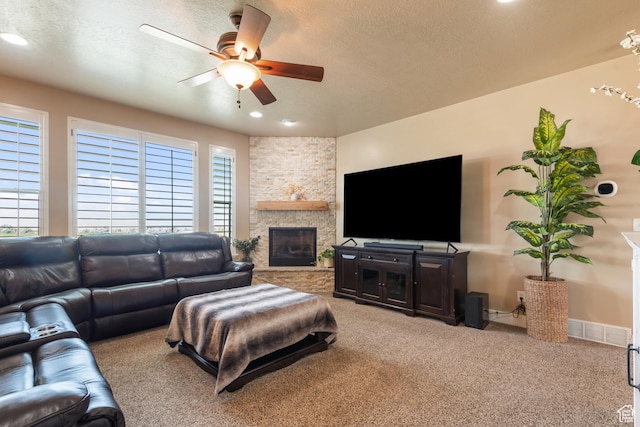3535 W Overlook Dr, Layton, UT 84041 - living room featuring carpet, ceiling fan, a fireplace, a textured ceiling, and recessed lighting