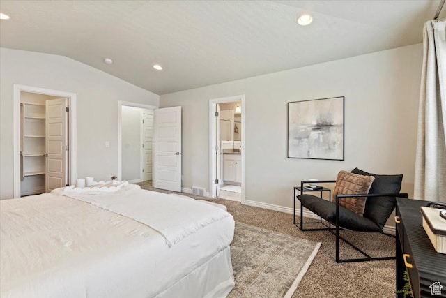 9714 S Oia Ln W, South Jordan, UT 84095 - bedroom featuring light colored carpet, lofted ceiling, recessed lighting, a walk in closet, and ensuite bath