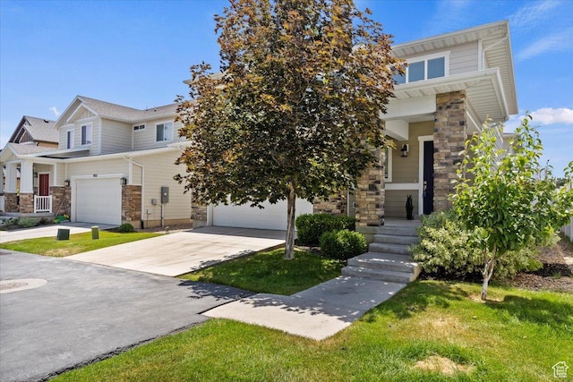 9714 S Oia Ln W, South Jordan, UT 84095 - view of front of house with stone siding, driveway, a garage, and a front yard
