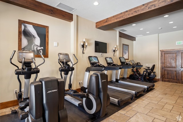 3558 Escala Ct Unit 252, Park City, UT 84098 - workout area with beamed ceiling, recessed lighting, and stone tile floors