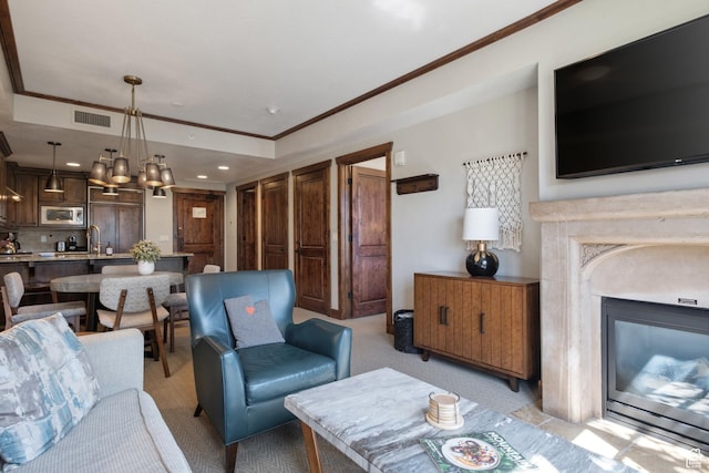 3558 Escala Ct Unit 252, Park City, UT 84098 - living area with a premium fireplace, ornamental molding, light carpet, and recessed lighting