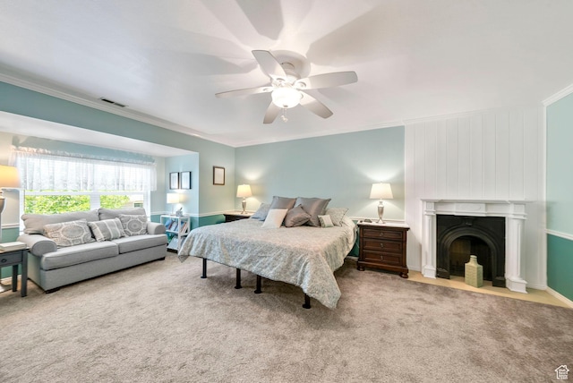 1700 N Bluebird Rd, Orem, UT 84097 - bedroom with ornamental molding, a fireplace with flush hearth, carpet floors, and a ceiling fan