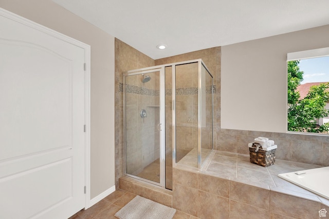923 E Absaroka Ct S, Draper, UT 84020 - bathroom featuring a shower stall, a bath, tile patterned flooring, and recessed lighting