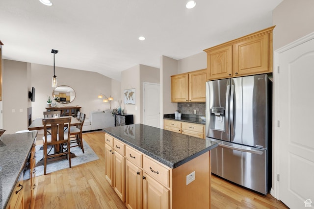 923 E Absaroka Ct S, Draper, UT 84020 - kitchen with stainless steel fridge with ice dispenser, light brown cabinets, light wood-type flooring, a center island, and recessed lighting