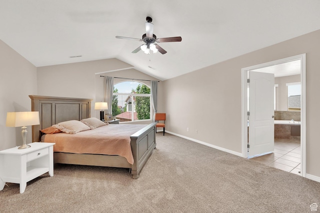 923 E Absaroka Ct S, Draper, UT 84020 - bedroom featuring light colored carpet, vaulted ceiling, ceiling fan, and connected bathroom