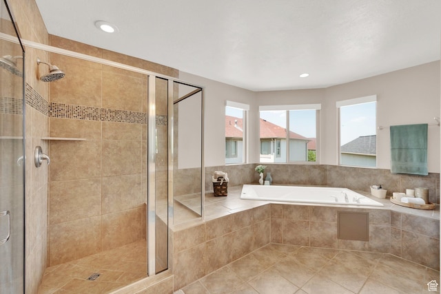 923 E Absaroka Ct S, Draper, UT 84020 - bathroom with a bath, a shower stall, and recessed lighting