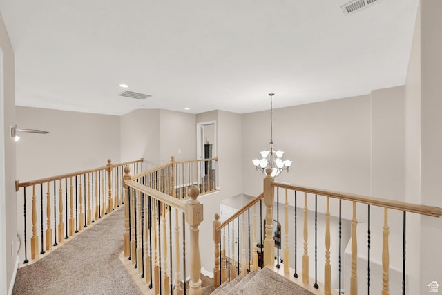 923 E Absaroka Ct S, Draper, UT 84020 - hallway featuring an upstairs landing, a chandelier, carpet flooring, and recessed lighting