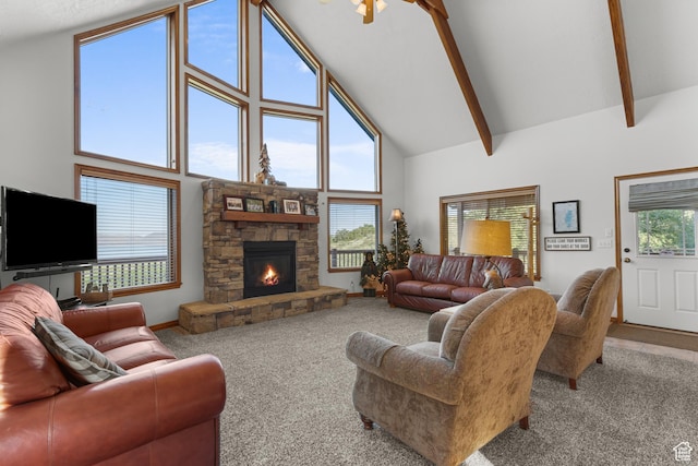 1340 N Trapper Loop, Garden City, UT 84028 - living area featuring high vaulted ceiling, carpet, a stone fireplace, and beamed ceiling
