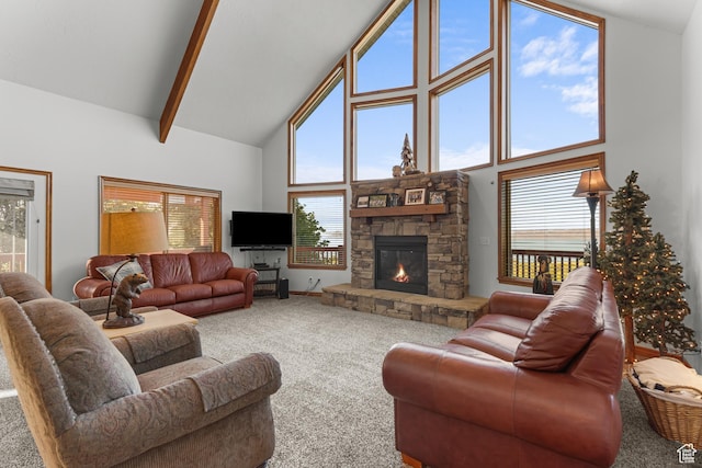 1340 N Trapper Loop, Garden City, UT 84028 - carpeted living room featuring high vaulted ceiling, a stone fireplace, plenty of natural light, and beam ceiling