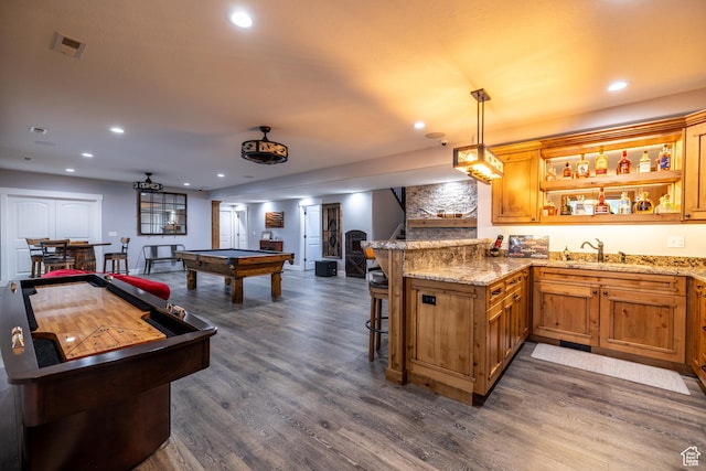 4311 N Diamond Ln, Erda, UT 84074 - playroom with wet bar, pool table, dark wood-style flooring, and recessed lighting