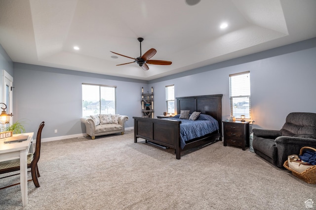 4311 N Diamond Ln, Erda, UT 84074 - bedroom with a raised ceiling, recessed lighting, light colored carpet, and ceiling fan