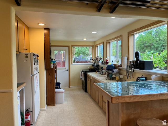 102 N 300 E, Moab, UT 84532 - kitchen with freestanding refrigerator, tile countertops, black / electric stove, light floors, and recessed lighting