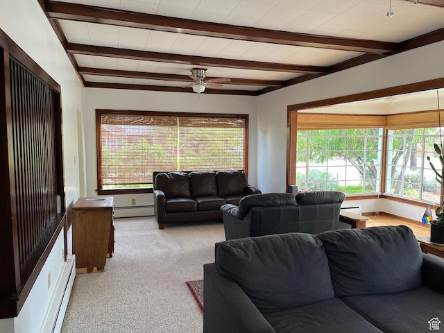 102 N 300 E, Moab, UT 84532 - carpeted living area featuring beamed ceiling, ceiling fan, plenty of natural light, and a baseboard heating unit