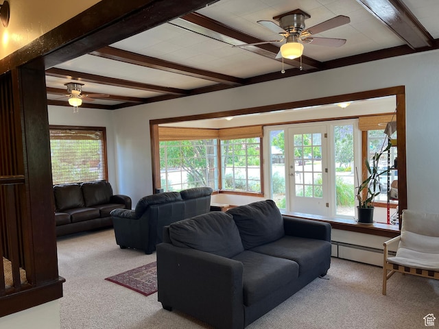 102 N 300 E, Moab, UT 84532 - living room with a ceiling fan, carpet floors, beamed ceiling, and baseboard heating