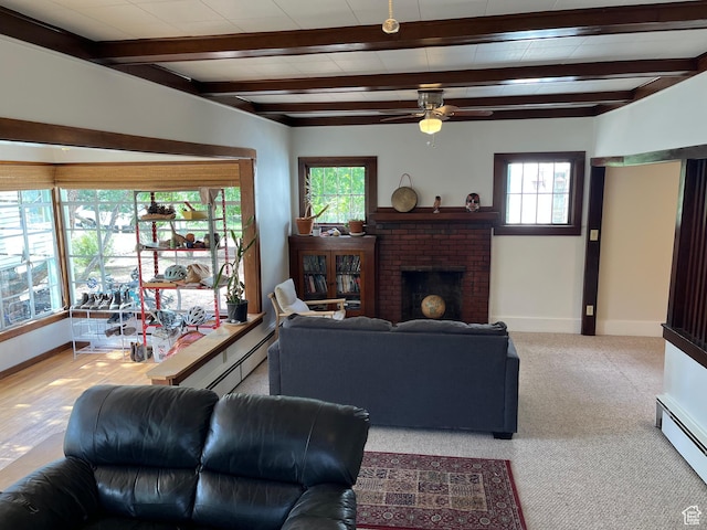 102 N 300 E, Moab, UT 84532 - carpeted living room featuring baseboard heating, ceiling fan, beamed ceiling, and a fireplace