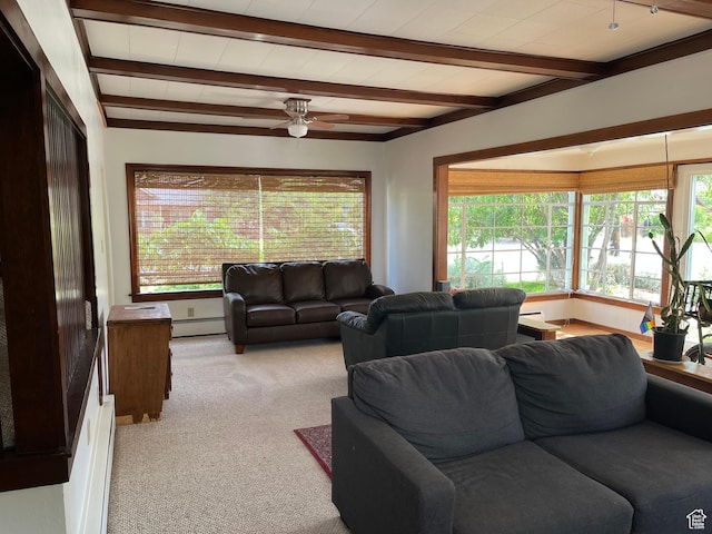 102 N 300 E, Moab, UT 84532 - carpeted living area with a baseboard heating unit, healthy amount of natural light, a ceiling fan, and beam ceiling