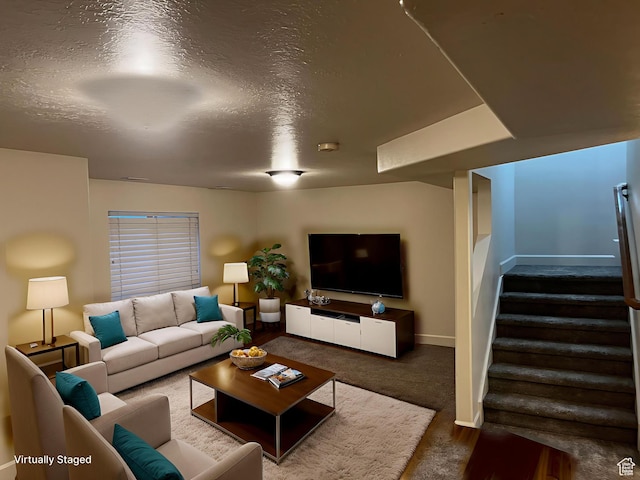 933 N 900 W, Orem, UT 84057 - carpeted living room featuring stairs and a textured ceiling