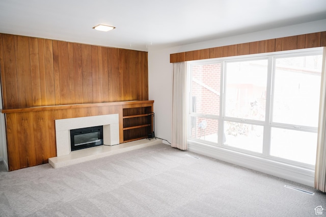 290 N 300 W, Logan, UT 84321 - unfurnished living room featuring carpet flooring, a glass covered fireplace, and wood walls