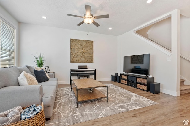 1304 E Weyburn Ln S Unit 10, Holladay, UT 84117 - living room featuring stairs, a ceiling fan, wood finished floors, and recessed lighting