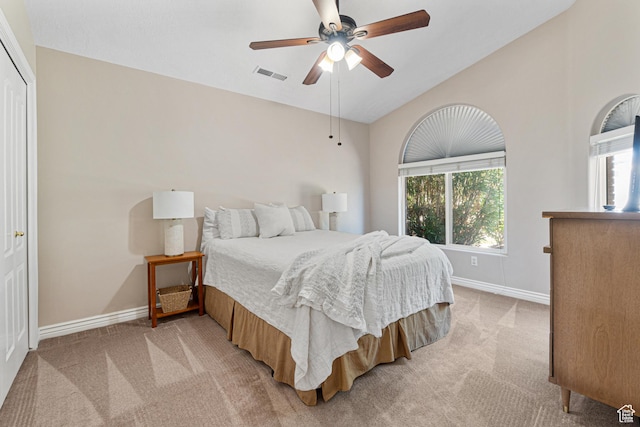 187 N Westridge Dr Unit 155, St George, UT 84770 - bedroom with light carpet, vaulted ceiling, and ceiling fan