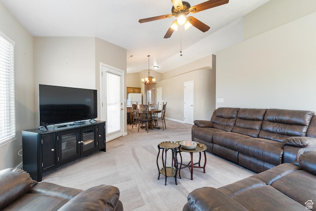 187 N Westridge Dr Unit 155, St George, UT 84770 - living area with a chandelier, light carpet, healthy amount of natural light, a ceiling fan, and vaulted ceiling
