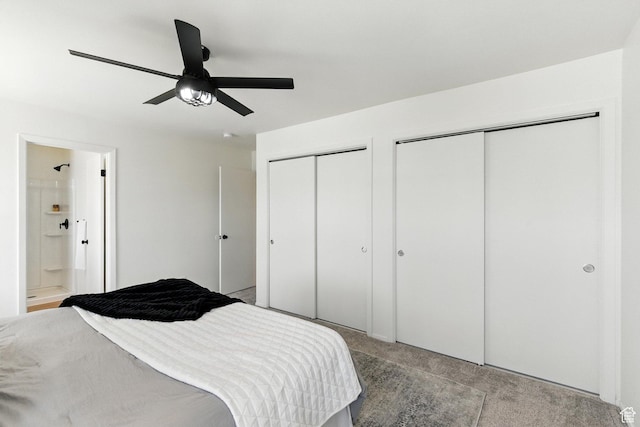 585 N 700 E, Nephi, UT 84648 - bedroom featuring multiple closets, light carpet, ensuite bath, and ceiling fan