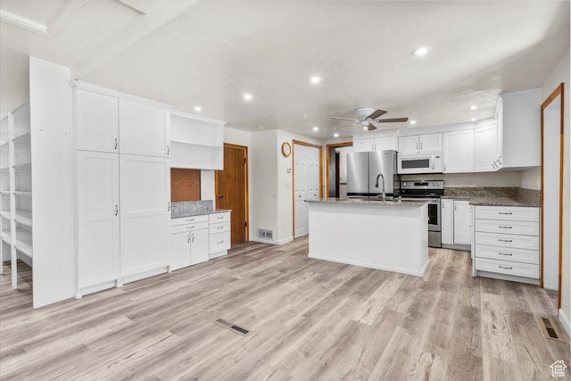 294 W 200 N, Mount Pleasant, UT 84647 - kitchen with stainless steel appliances, recessed lighting, ceiling fan, open shelves, and a center island with sink