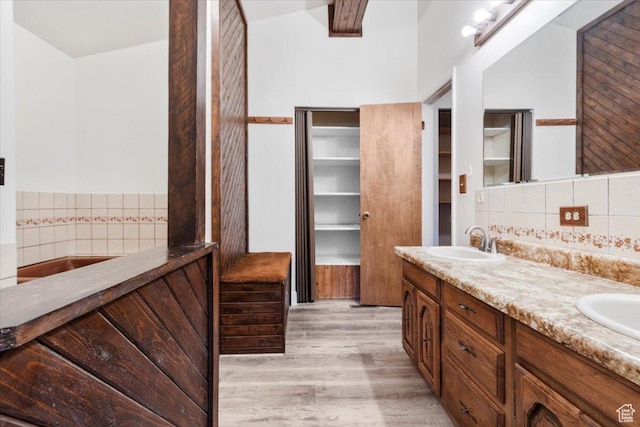 294 W 200 N, Mount Pleasant, UT 84647 - bathroom featuring double vanity, wood finished floors, and backsplash