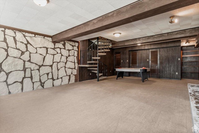 294 W 200 N, Mount Pleasant, UT 84647 - recreation room featuring carpet, wood walls, billiards table, and beamed ceiling