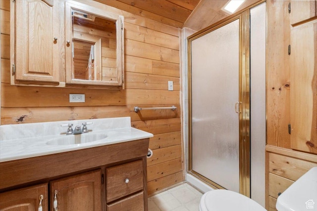 294 W 200 N, Mount Pleasant, UT 84647 - full bathroom featuring vanity, a stall shower, and wooden walls