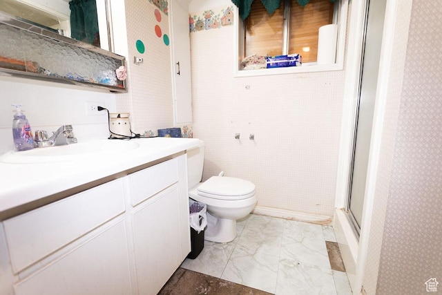 960 N 100 W, Tremonton, UT 84337 - full bath featuring marble look tiles, vanity, a shower with door, and wallpapered walls
